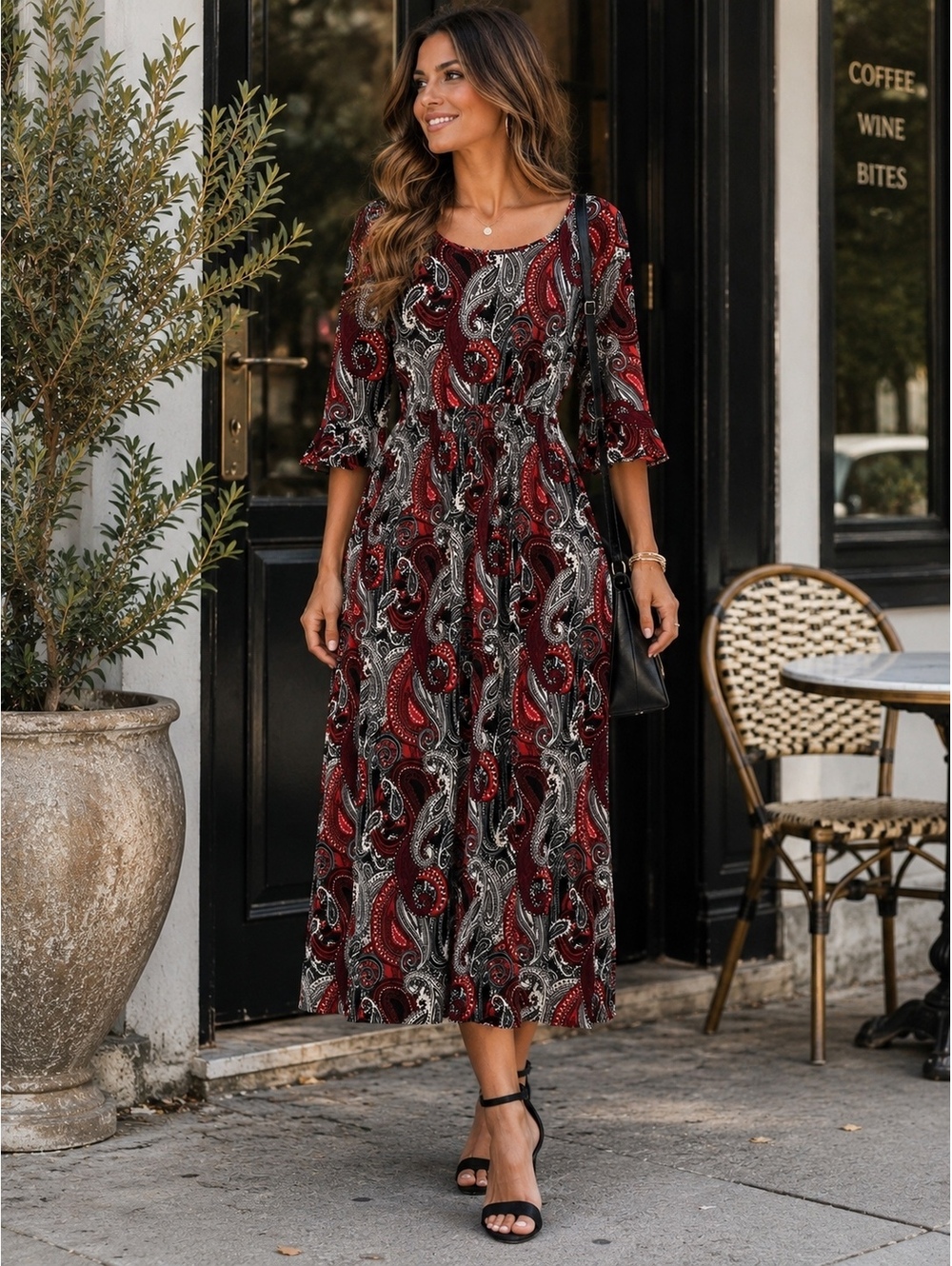 Ace Fashion Women's Paisley Print Midi Dress with Ruffle Sleeves